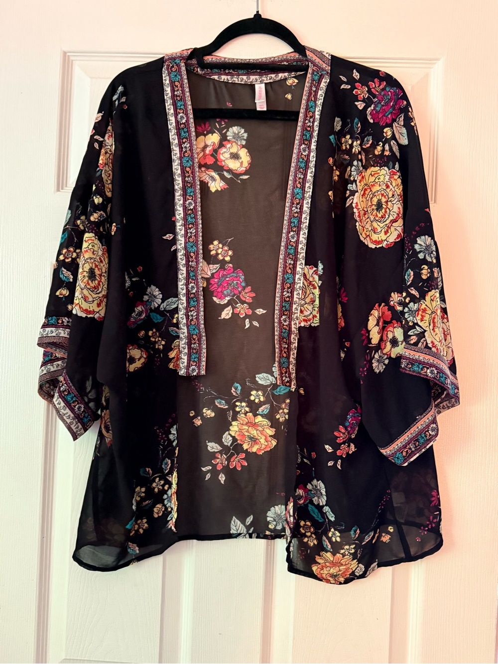 Xhilaration Black Floral Printed Sheer Kimono